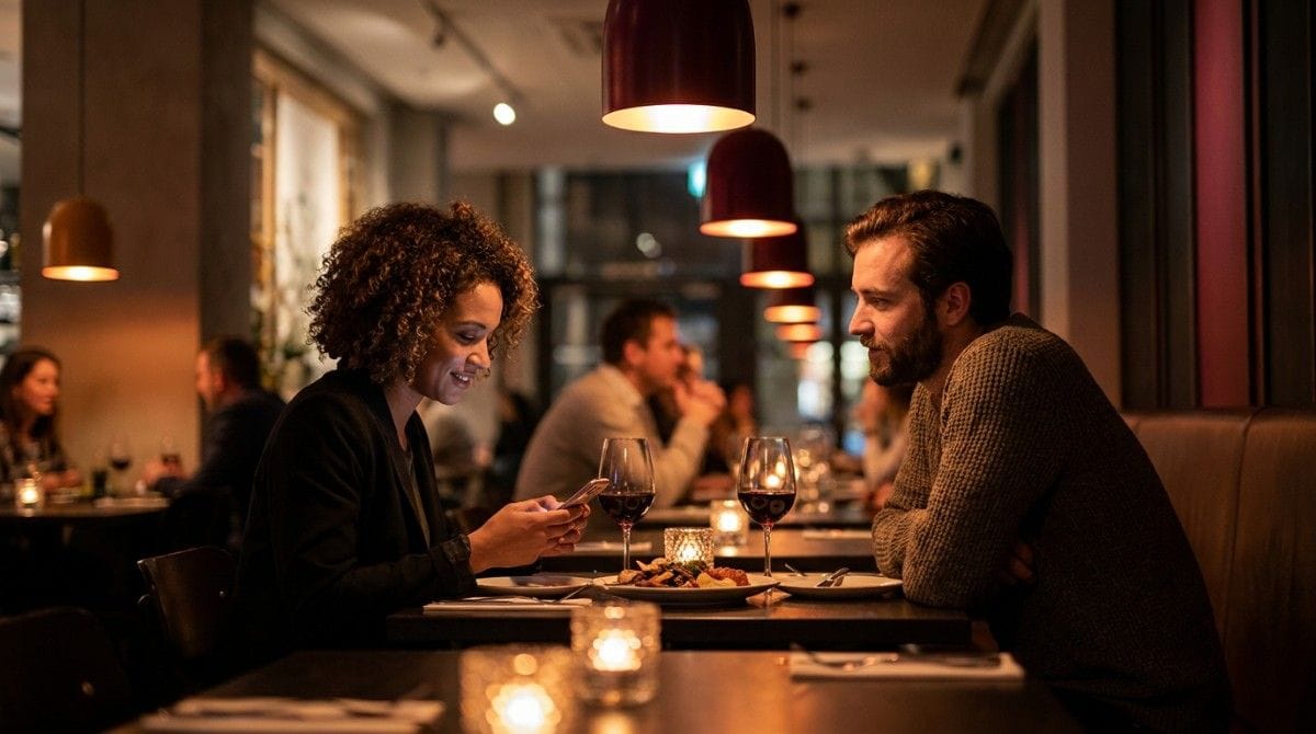 Man and woman sitting across from each other at a dimly lit restaurant table while the woman looks at her phone during dinner.