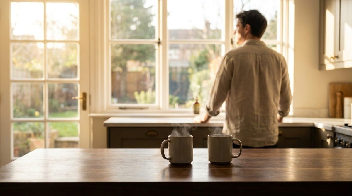 Man standing alone in a bright kitchen beside two steaming coffee mugs during a quiet morning at home.