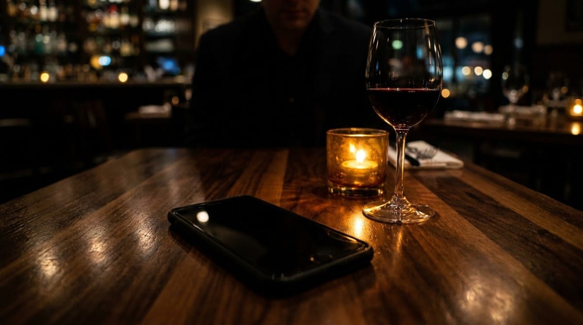 Smartphone placed face down on a candlelit restaurant table beside a glass of red wine during a dark dinner setting.