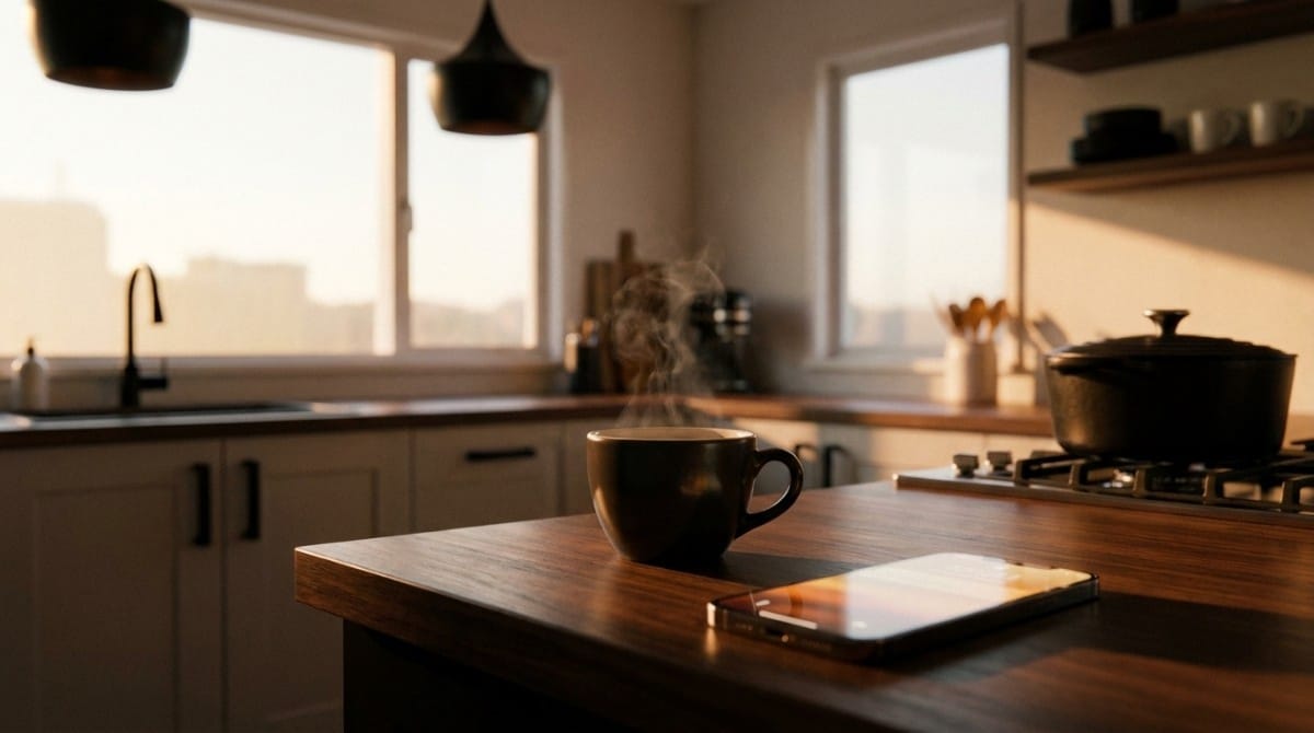 Smartphone and steaming coffee mug placed on a modern kitchen counter during early morning sunlight.