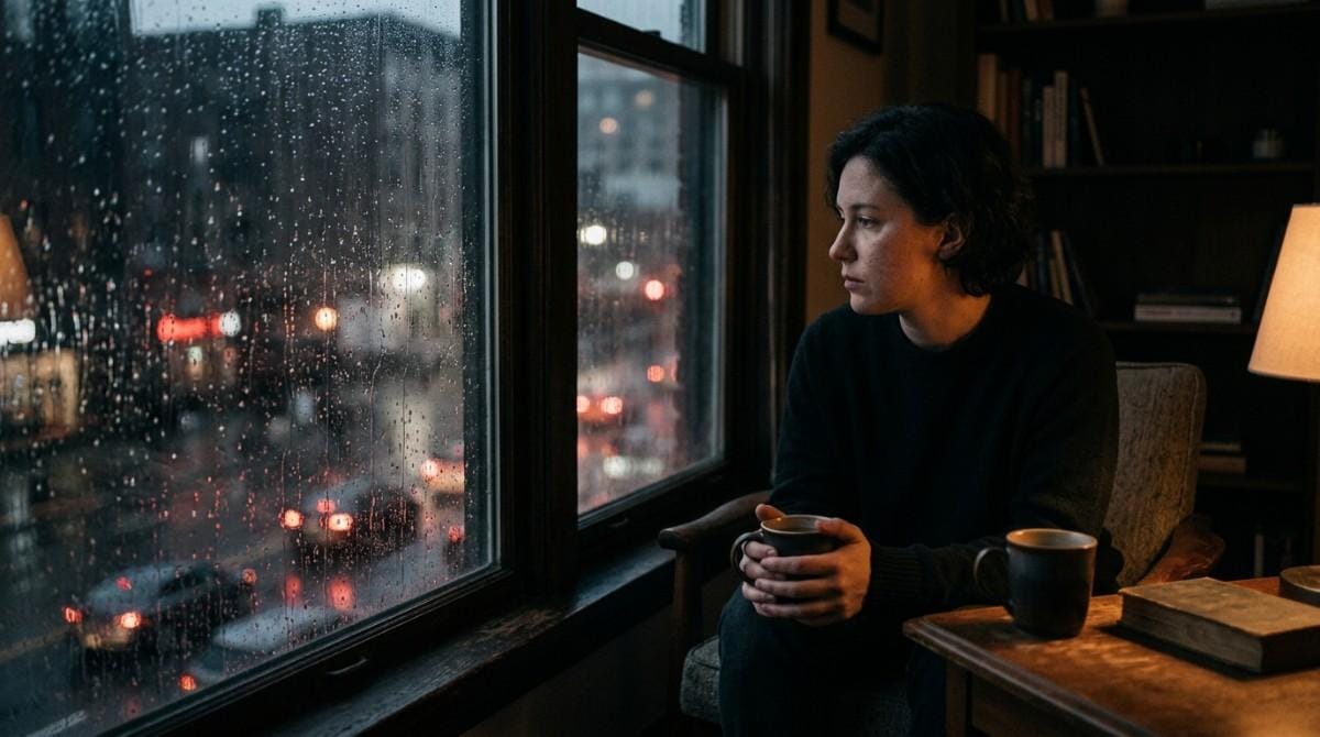 Person holding a mug while looking through a rain-covered window, reflecting quietly after a breakup.