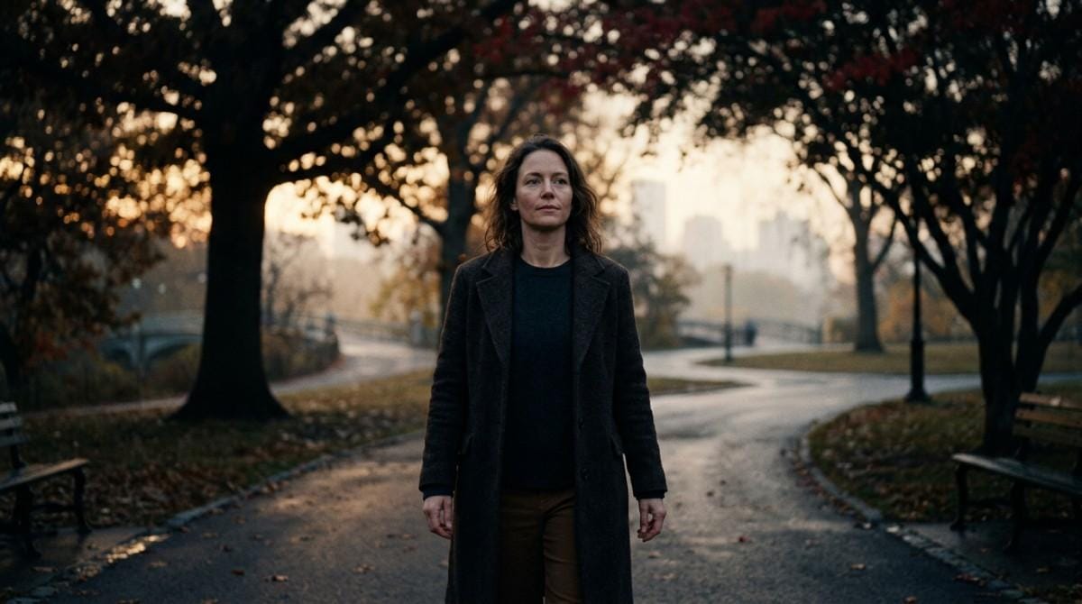 Person walking alone through a quiet park at sunrise, symbolizing healing and emotional recovery after a breakup.