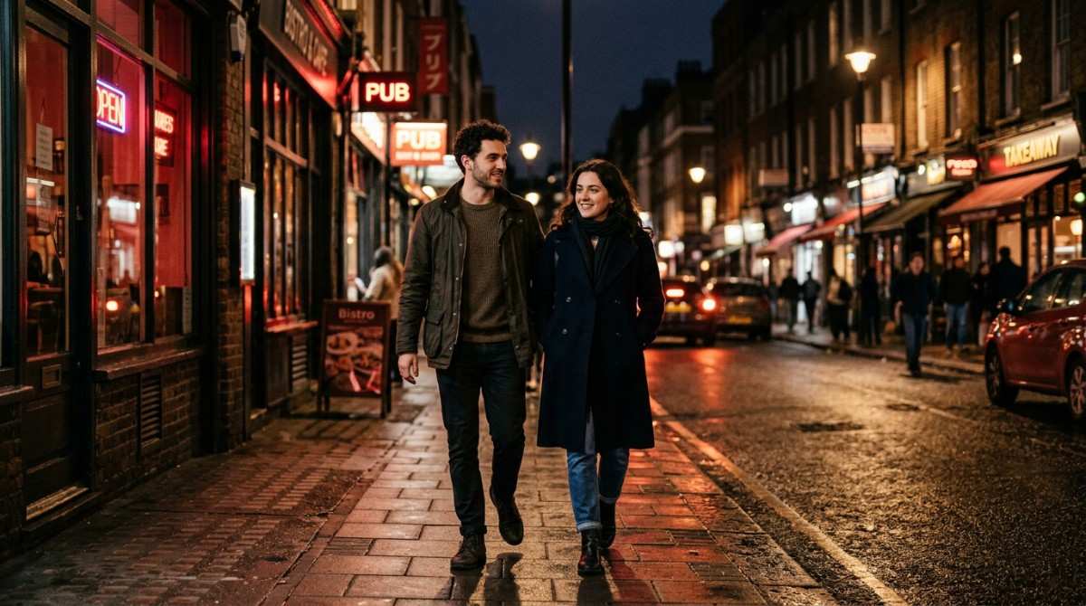 Couple walking along a lively city street at night, smiling and talking as they enjoy time together.