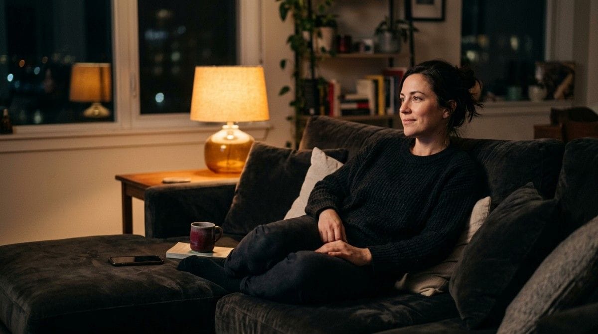 Person relaxing on a sofa at night with a warm drink, enjoying a quiet evening in a cozy living room.