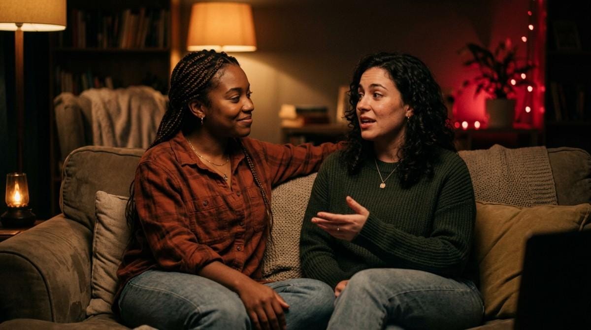 Two friends sit on a couch having a heartfelt conversation in a cozy living room, offering comfort after a breakup.