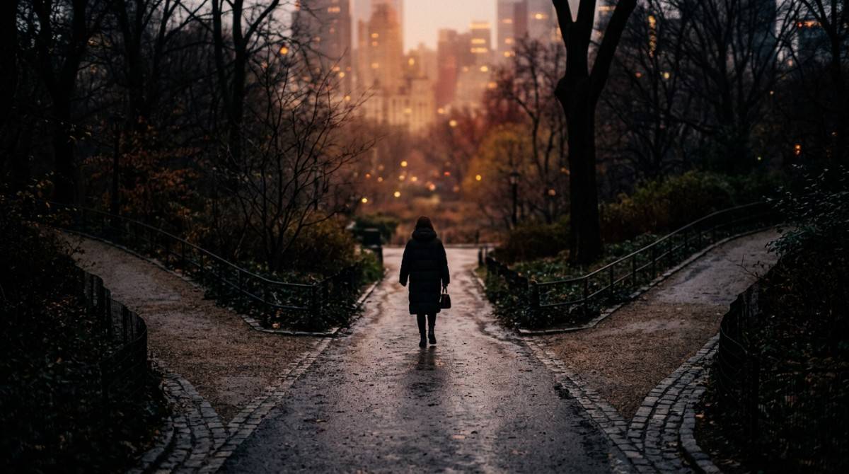 Person walking toward a forked path in a city park at dusk, symbolizing life choices and personal direction.