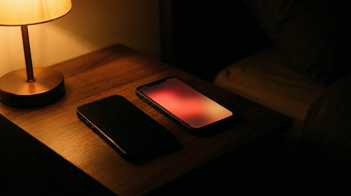 Two smartphones rest on a wooden bedside table beside a warm lamp, with a bed visible in the background, symbolizing communication and relationship dynamics.