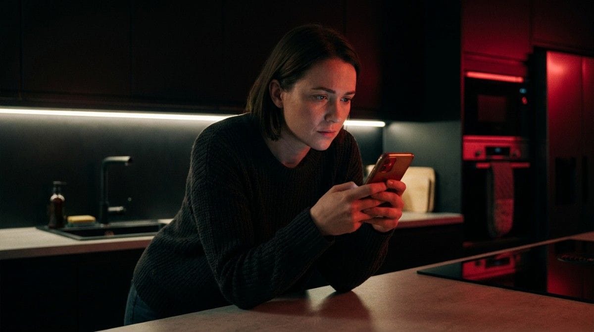 A woman leans on a kitchen counter at night, focused on her smartphone, illuminated by soft red and white ambient lighting in a modern kitchen.