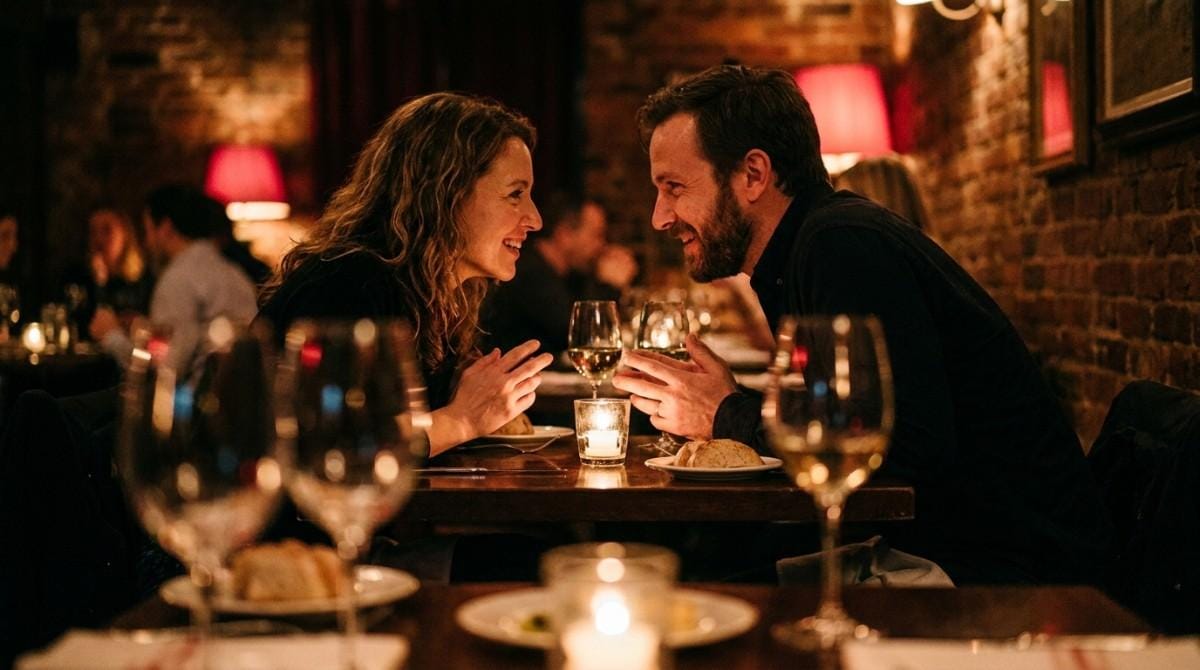A man and woman sit across from each other at a warmly lit restaurant, smiling and engaged in conversation over dinner and drinks in an intimate setting.