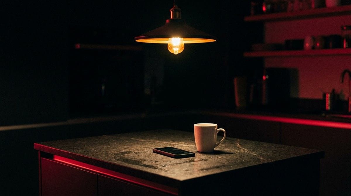 A coffee mug and smartphone resting on a kitchen island under a single hanging light in a dimly lit room.