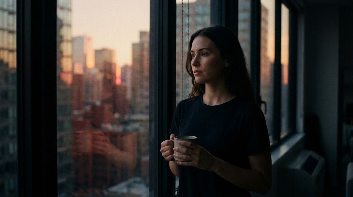 Woman holding a coffee mug while looking out a city apartment window at sunset, appearing thoughtful and emotionally distant.