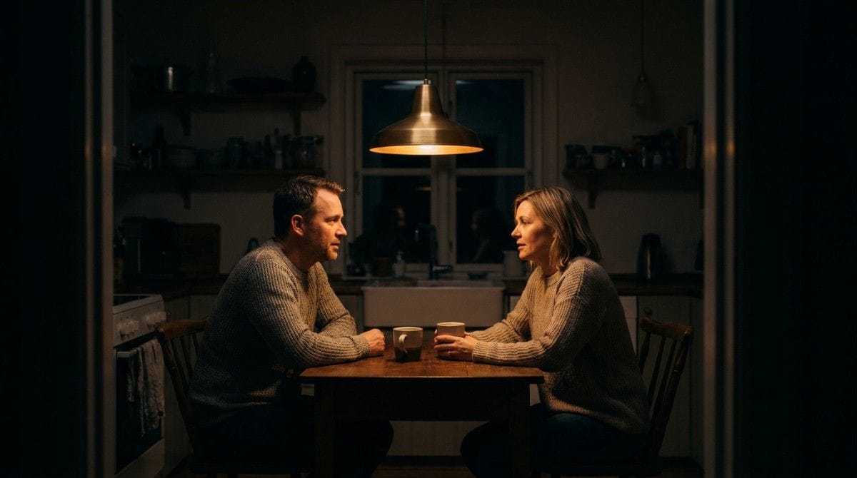 Man and woman sitting across from each other at a kitchen table under warm lighting, engaged in a serious conversation.