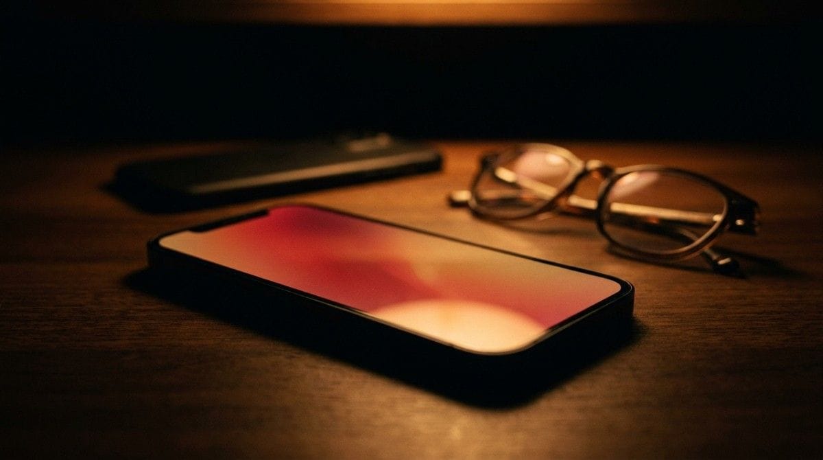 Smartphone lying on a wooden desk next to eyeglasses under warm evening lighting, creating a focused and distraction-free atmosphere.