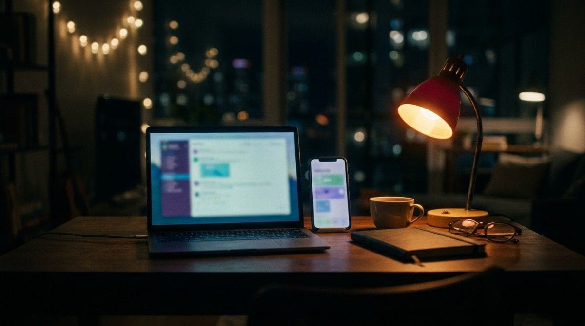 Three smartphones arranged on a wooden desk beside a notebook, glasses, coffee mug, and desk lamp in a softly lit workspace.