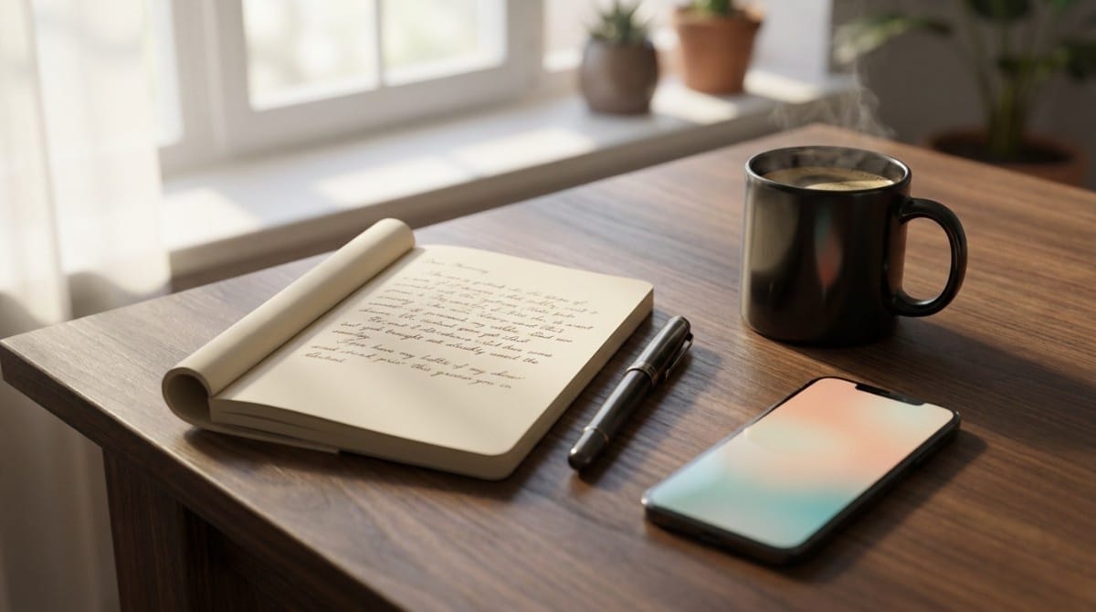 Notebook with handwritten notes, a smartphone, pen, and coffee mug on a wooden desk near a window in a calm workspace.