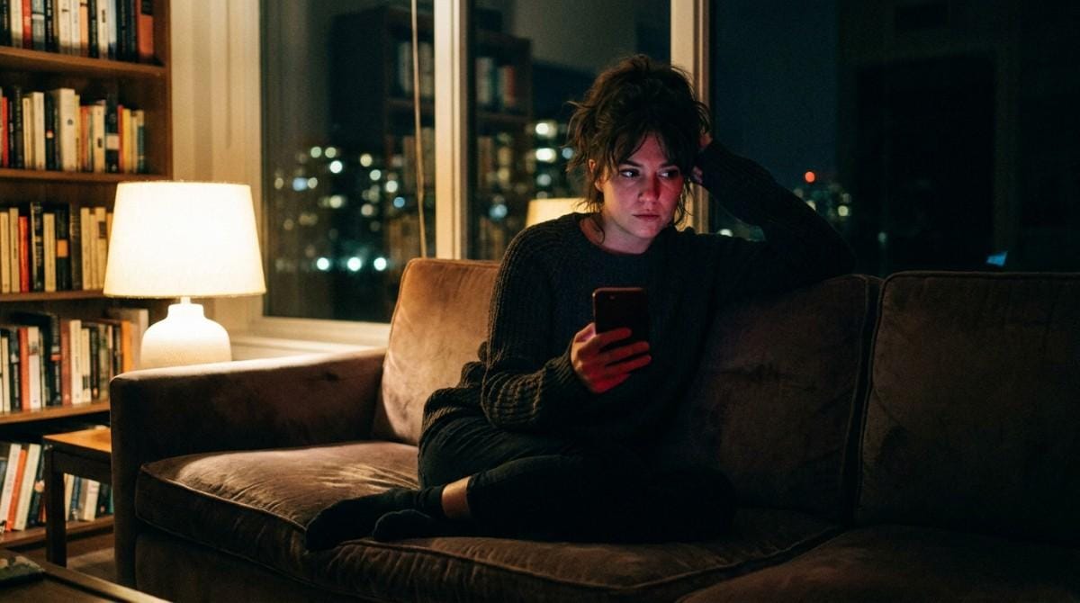 Person sitting alone on a couch at night, looking thoughtfully at a smartphone in a softly lit living room.