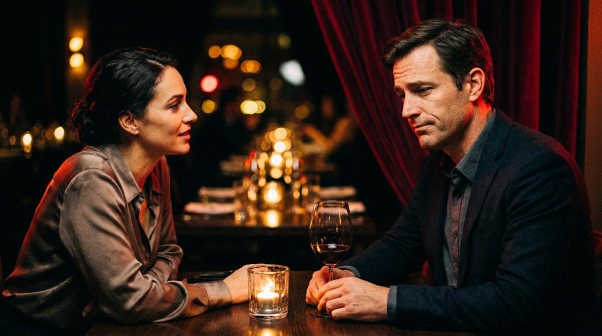Two people sitting across from each other at a candlelit restaurant table, engaged in a serious conversation during an evening date.