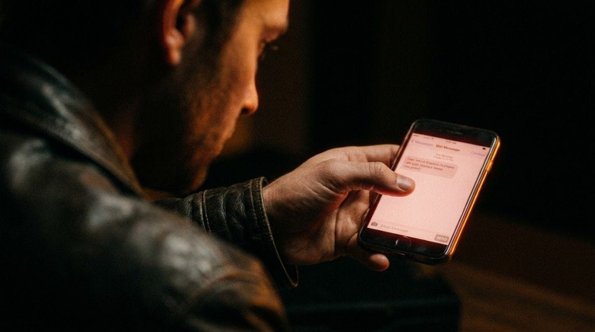 Close-up of a person holding a smartphone and reading a text conversation in a dimly lit setting.
