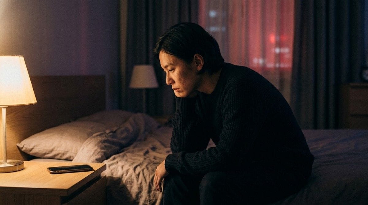 Person sitting on the edge of a bed at night, looking down thoughtfully while a smartphone rests on a bedside table nearby.