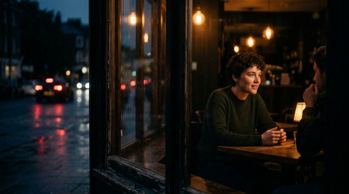 Two people having an engaged conversation at a cozy café table beside a window on a rainy evening.