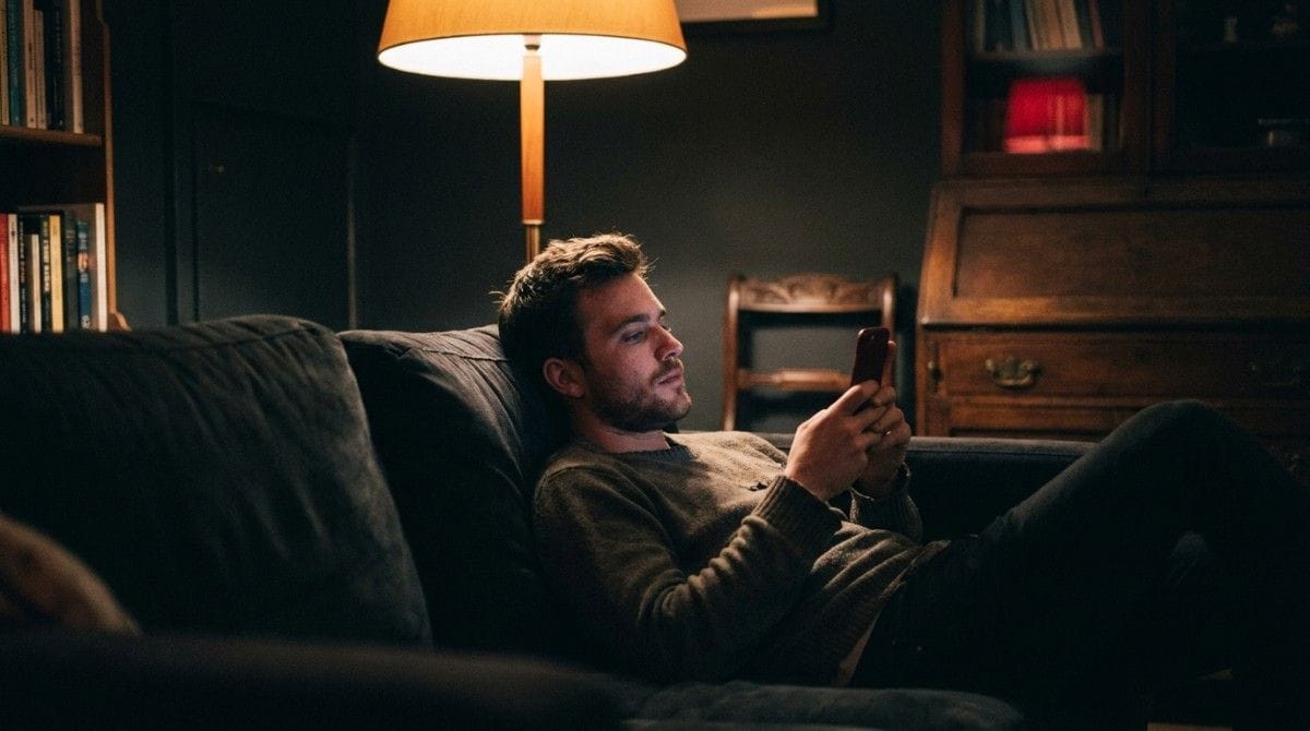 Person relaxing on a couch at night while looking at a smartphone under soft lamp lighting in a cozy living room.
