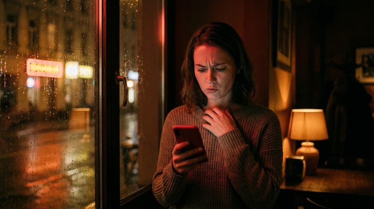 Person standing by a rain-covered window at night, looking anxiously at a smartphone in a warmly lit room.