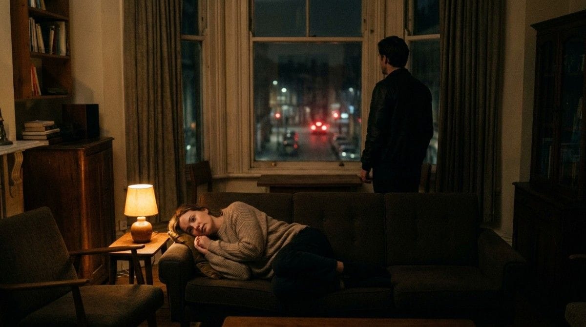 A woman lies on a couch while a man stands by a window in a dimly lit living room, illustrating emotional disconnection and relationship distance.