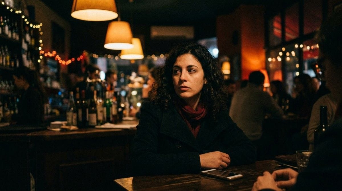 A woman sits at a restaurant table with a smartphone nearby, looking distracted and uncertain while waiting for or interacting with someone across from her