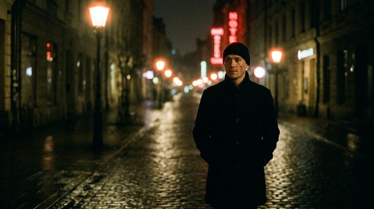 A person stands alone on a quiet city street at night under glowing streetlights, symbolizing reflection, independence, and emotional distance.