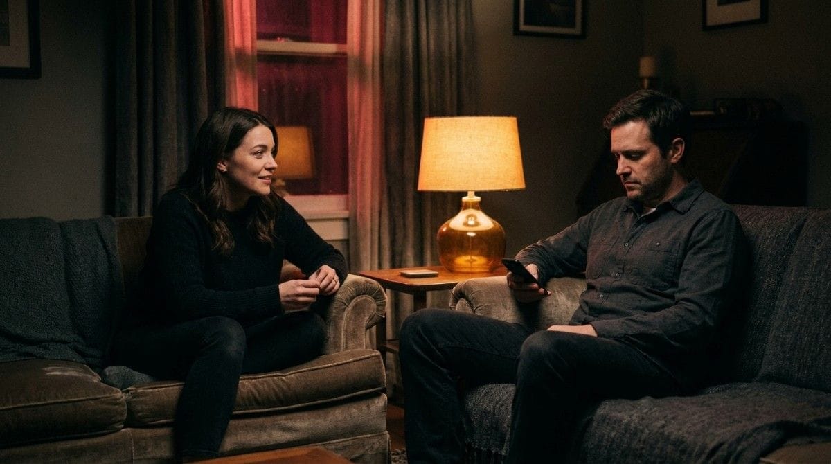 A woman speaks while a man looks at his phone on a couch, highlighting emotional disconnection in a relationship.