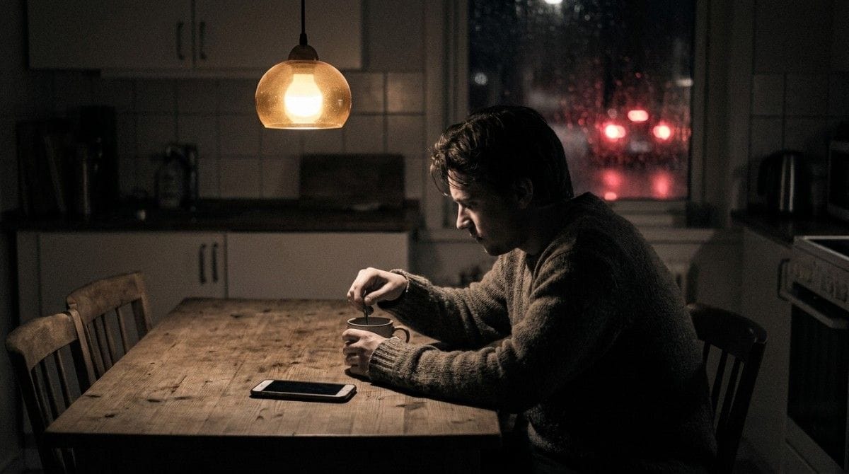 Person sits alone at a kitchen table at night, stirring a mug beside a phone while waiting for a message.