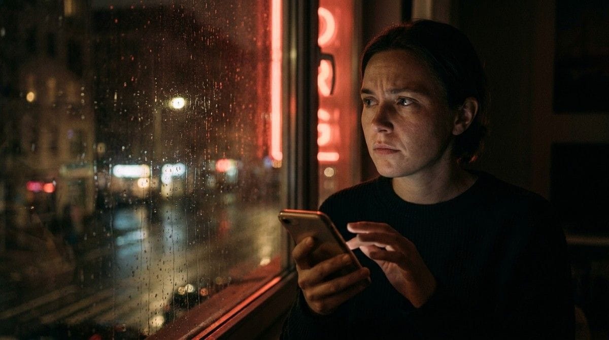 Person looks at a smartphone by a rain-covered window at night with a concerned expression.