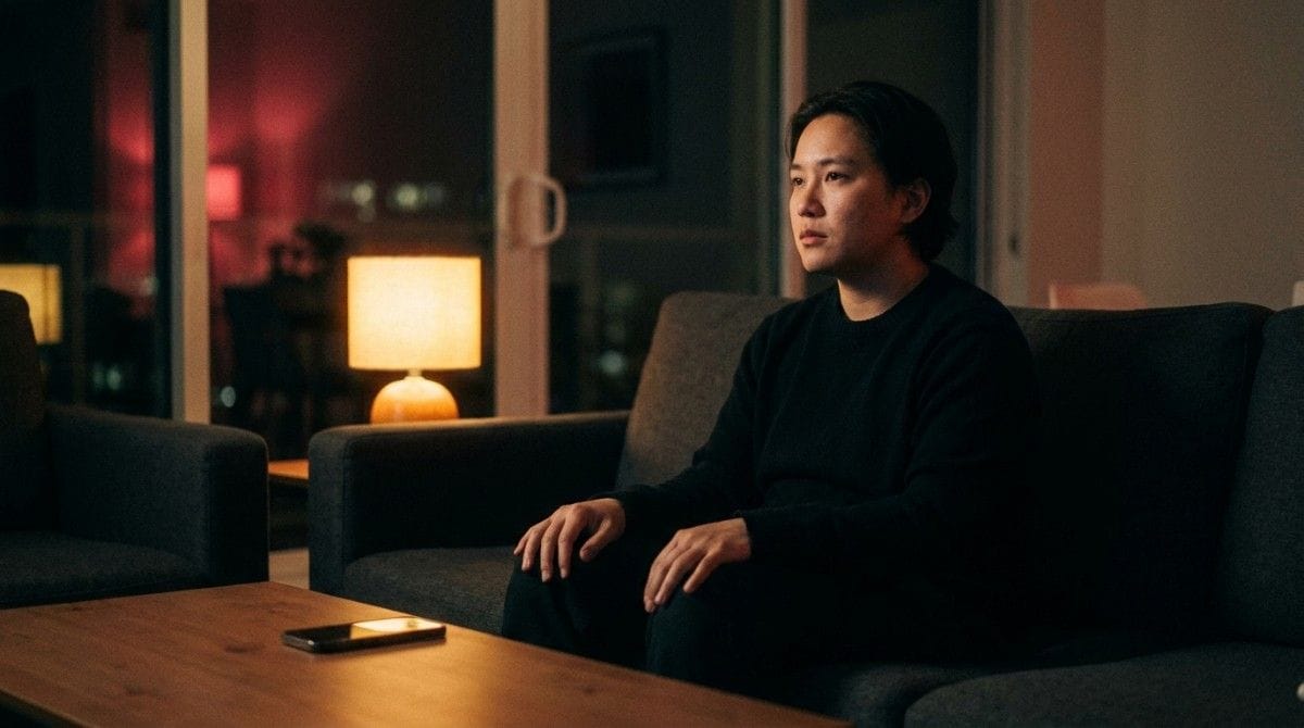 Person sits quietly on a couch at night with a phone on the table, appearing lost in thought.