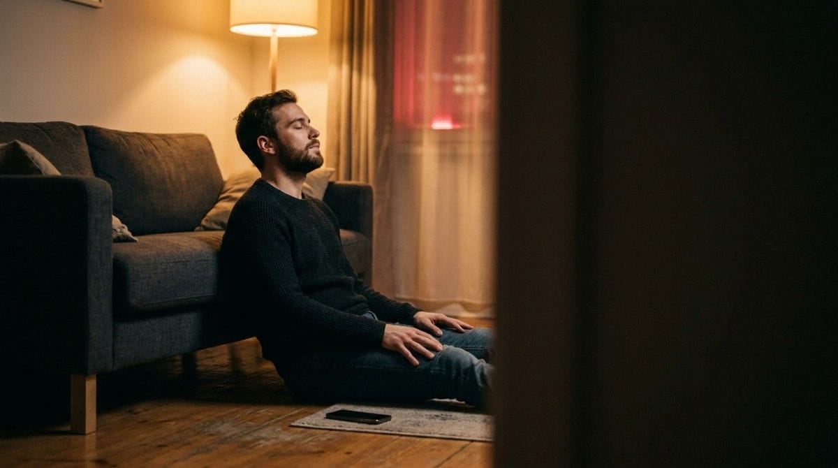 Person sitting on the floor with eyes closed, meditating beside a sofa in warm lighting.