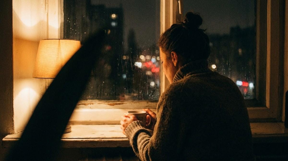 Person holding a mug while looking out a rain-speckled window at a nighttime city skyline.