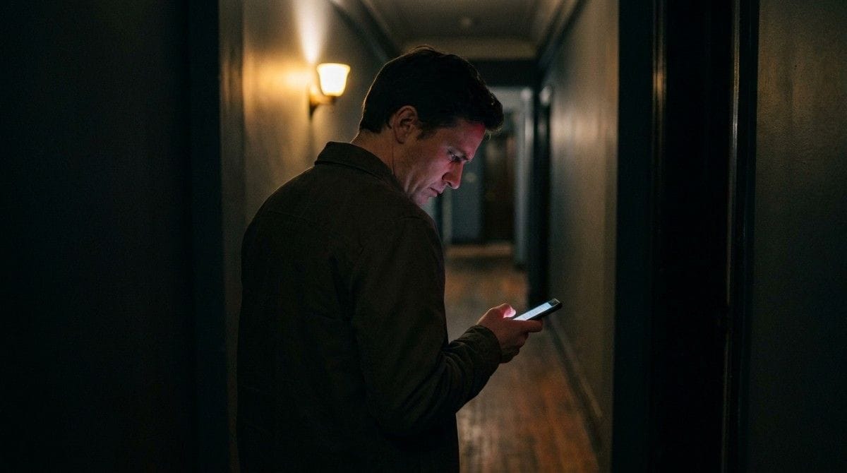 Person standing in a dark apartment hallway looking at a smartphone under soft wall lighting.