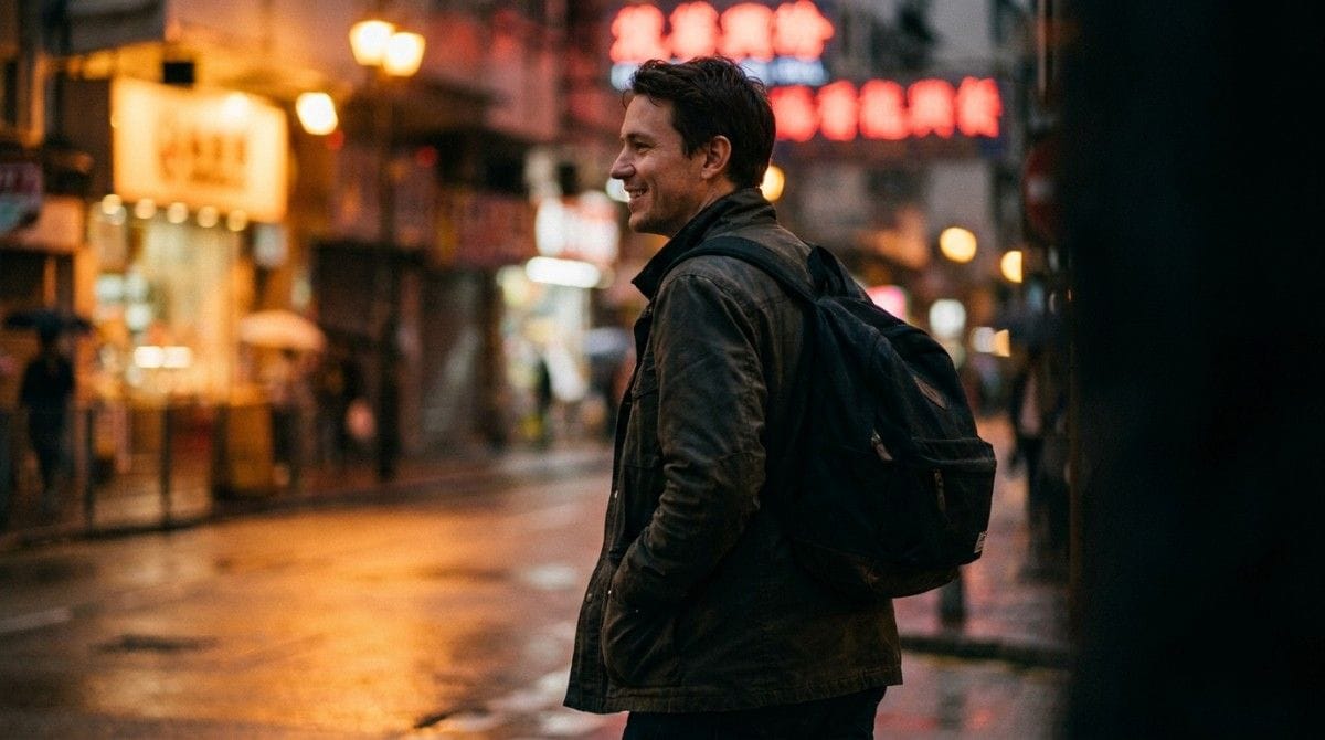 Person with a backpack smiling on a wet city street at night with glowing lights in the background.