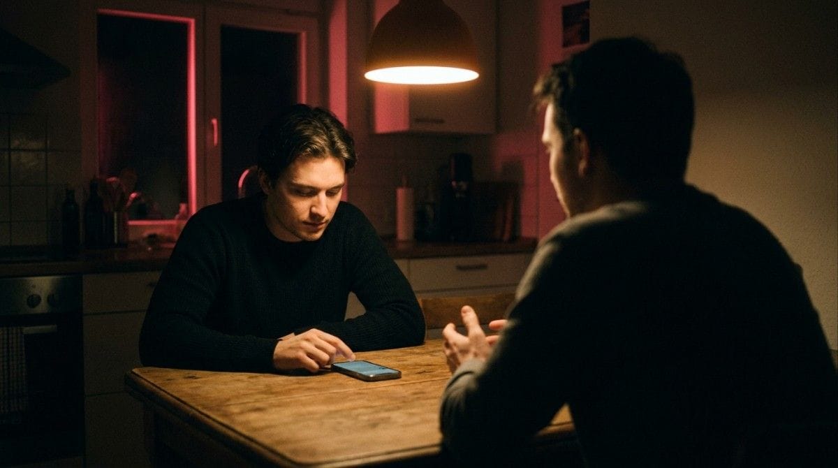 Two people seated at a table during a serious discussion, with one looking down at a smartphone in warm lighting.