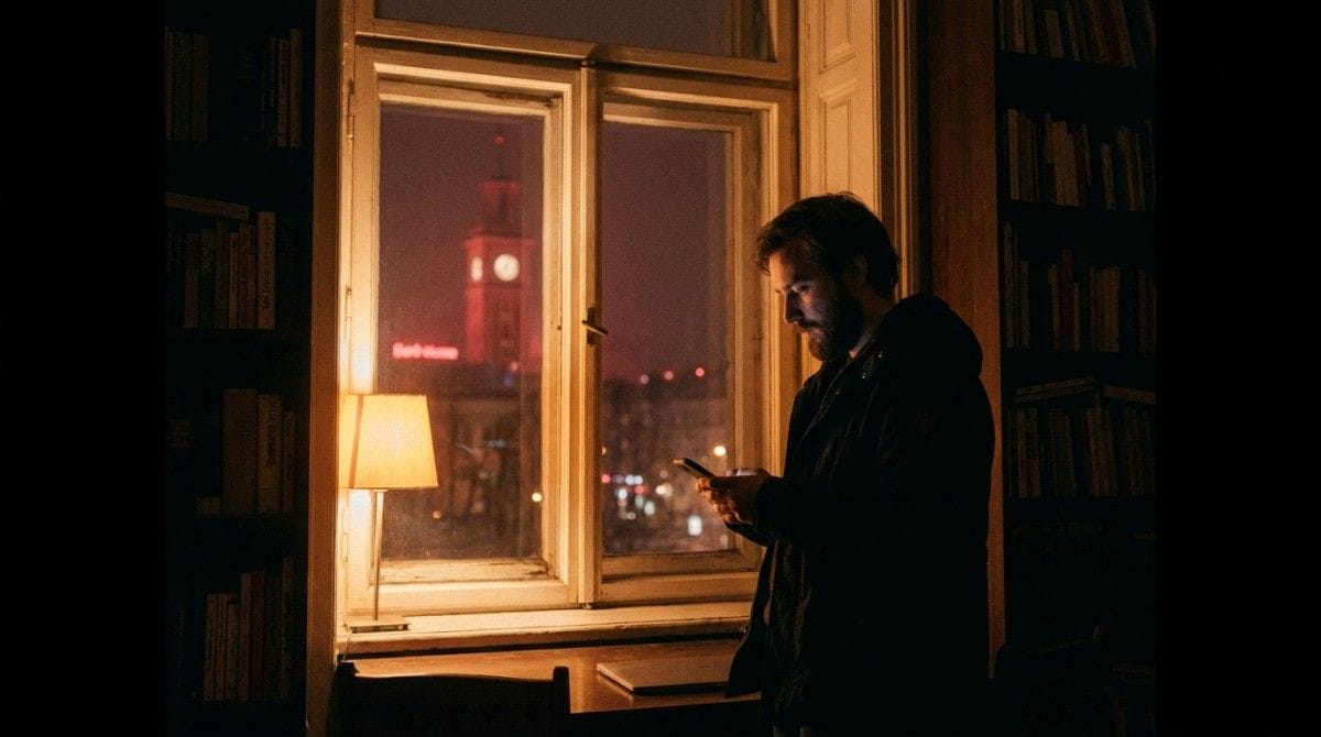 Person standing by a window at night, looking at a smartphone in a softly lit room with city lights outside.