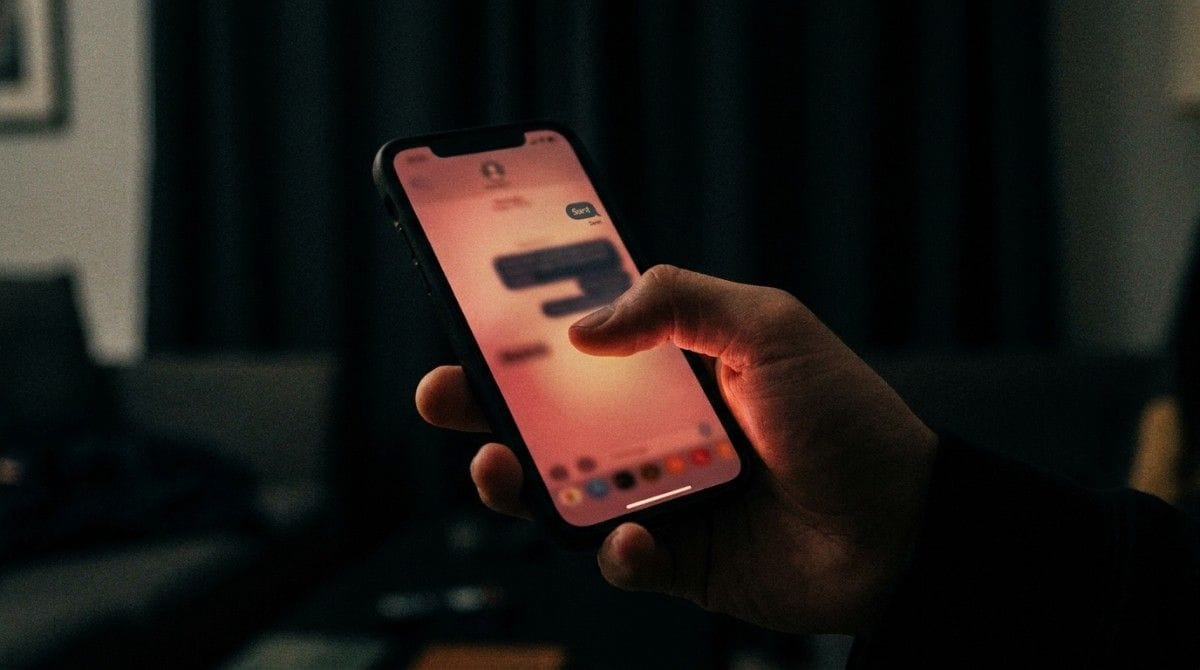 Close-up of a hand holding a smartphone with a messaging app open before sending a text.