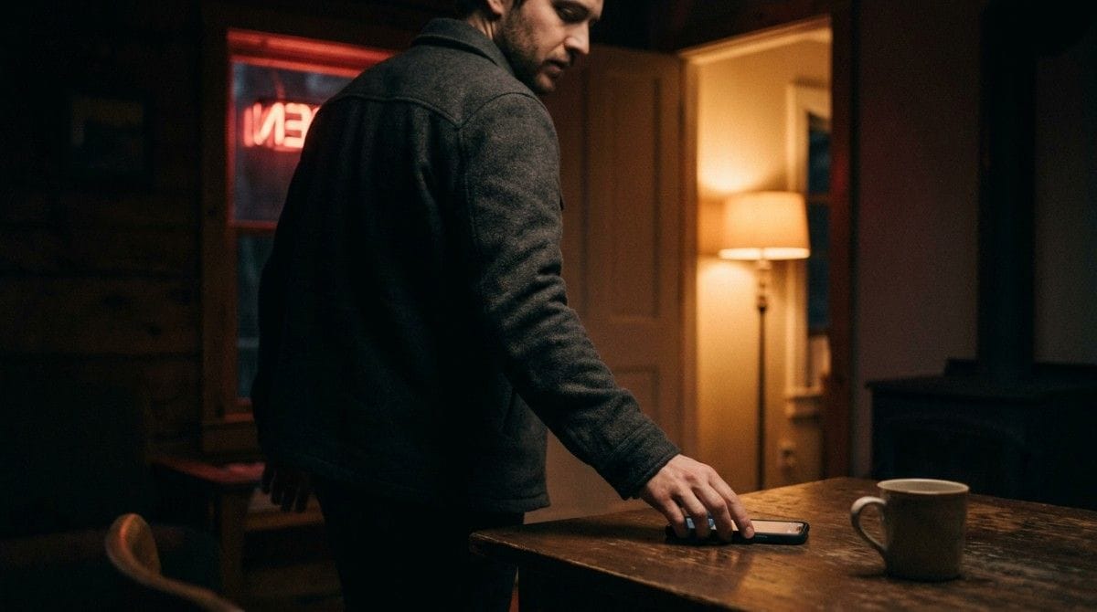 Person reaching to set a smartphone on a table beside a coffee mug in a softly lit room.