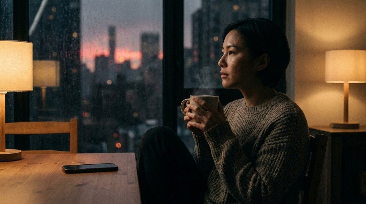 Person holding a warm mug while gazing out a rainy window, with a phone resting on the table.