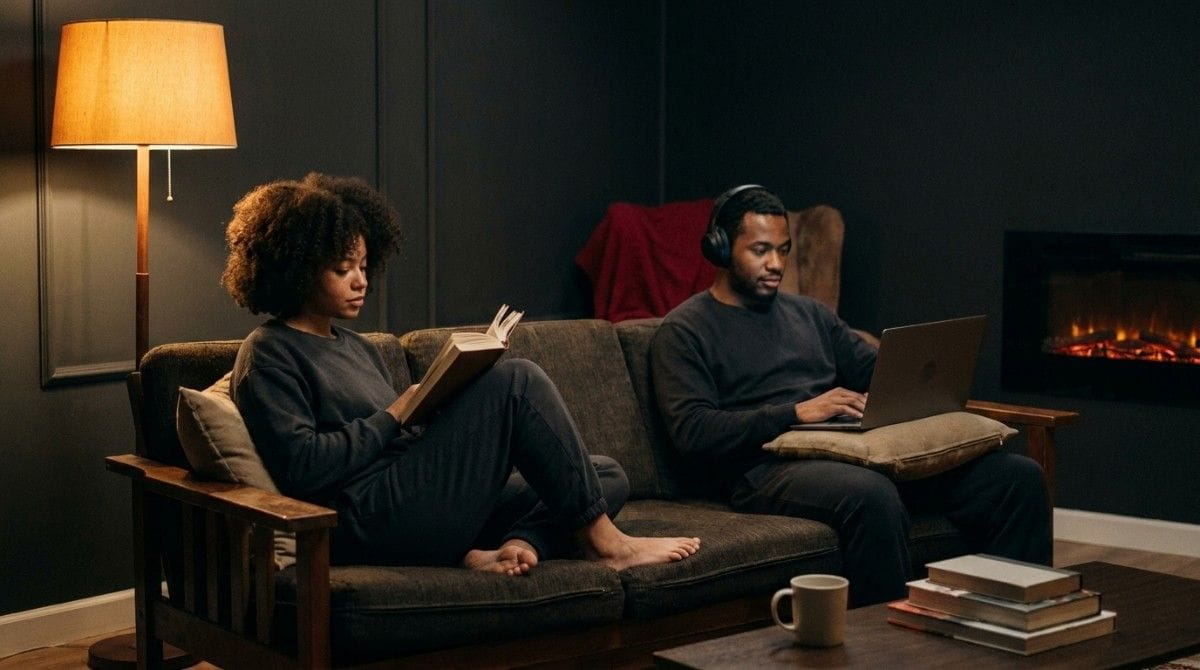 Two people relaxing on a sofa, one reading a book and the other using a laptop in a cozy living room.