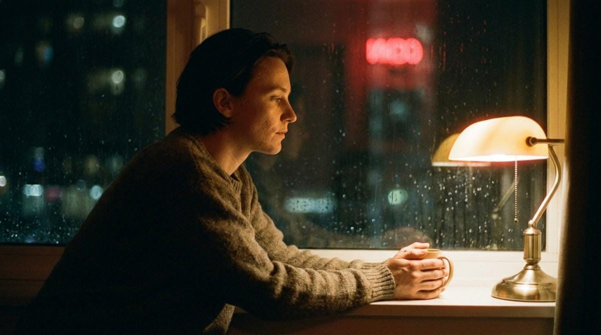 Person sitting by a rain-speckled window with a warm drink, reflecting during a peaceful evening indoors.