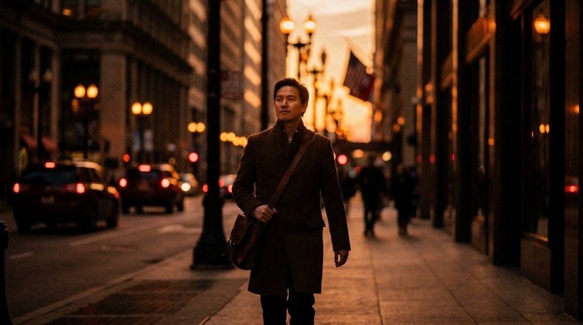 Person walking alone through a city street at sunset, enjoying a peaceful solo outing in an urban setting.