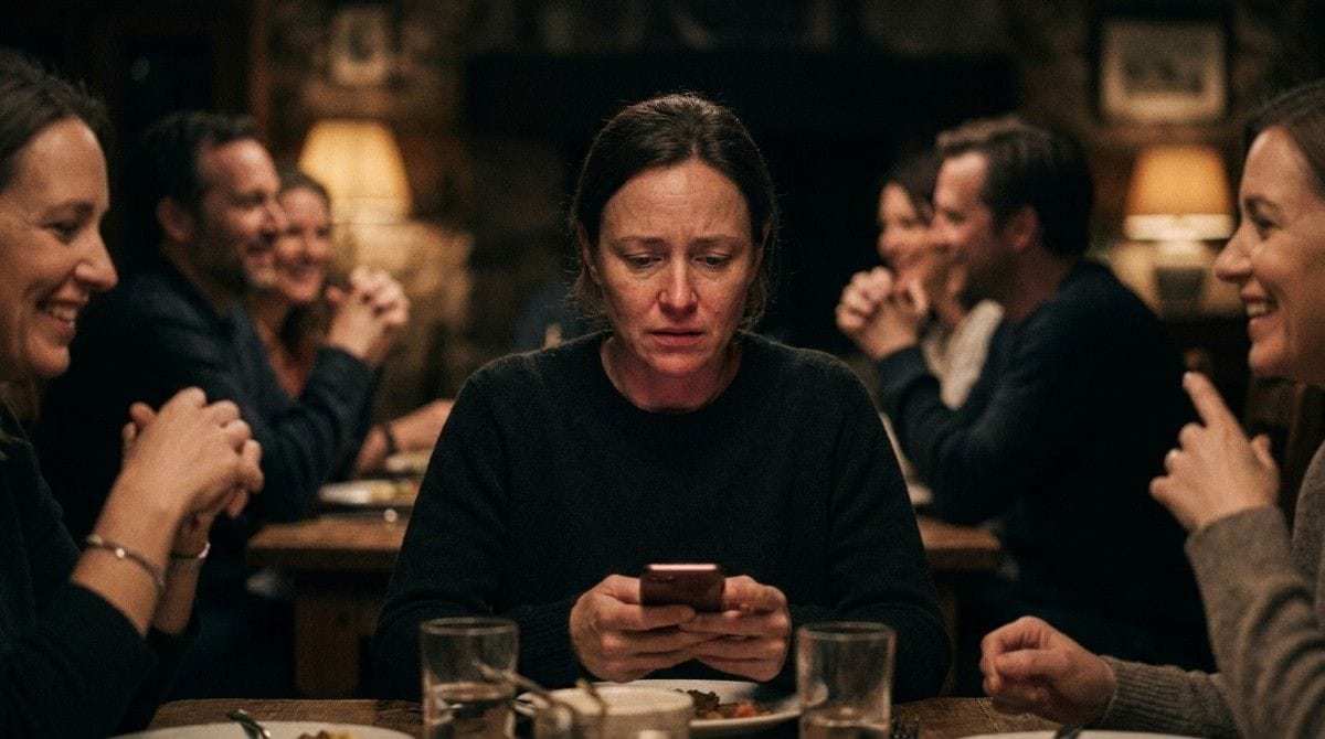 Person looking worried at a phone while sitting at a restaurant, feeling isolated despite people chatting around them.