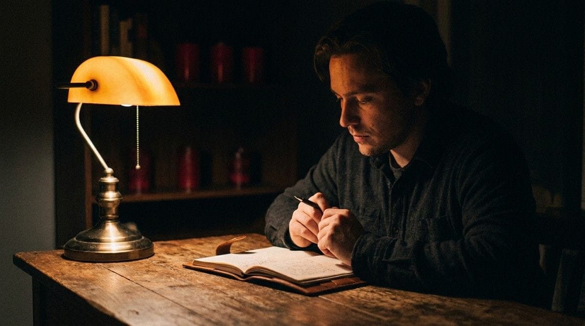 Person writing in a journal at a desk under a lamp, reflecting on emotions in a quiet evening setting.