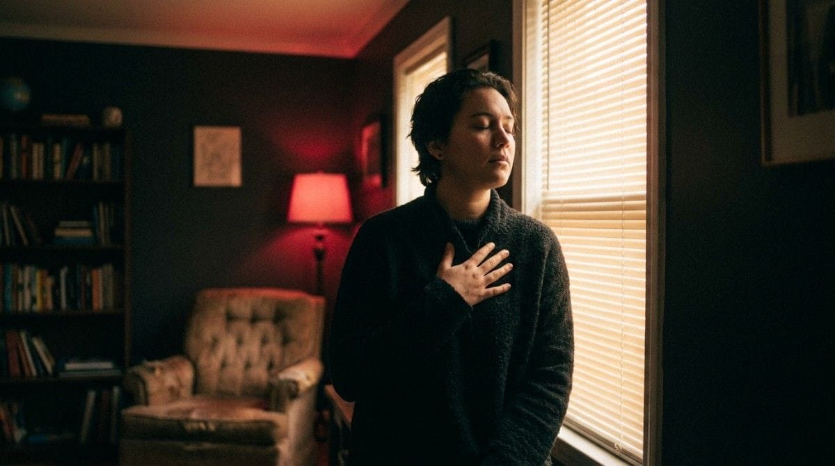 Person standing by a window with a hand on their chest, taking a calming breath in a quiet room