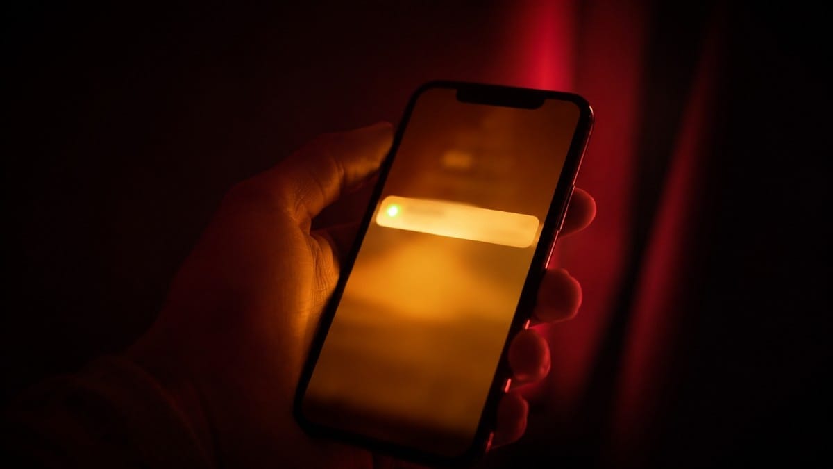Close-up of a hand holding a smartphone with a glowing notification in a dark room.