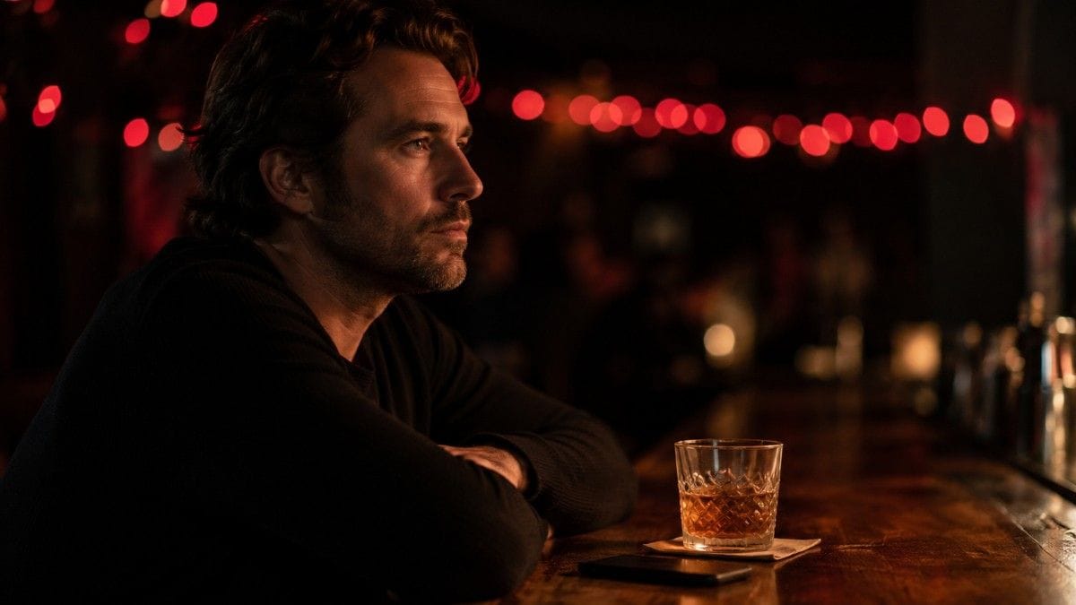 Man sitting alone at a bar with a drink, looking thoughtfully into the distance.